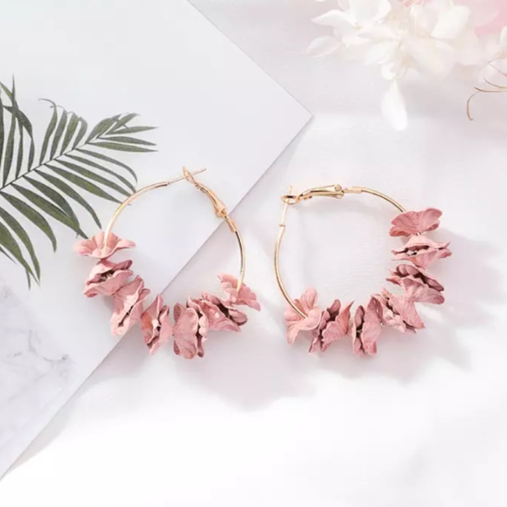 Flower Petal Dusty Rose Large Hoop Gold Earrings